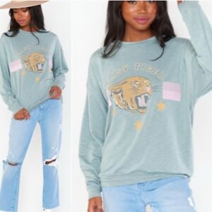 SHOW ME YOUR MUMU Palmer Easy Tiger Sweatshirt Pullover Top Sage Green & Pink